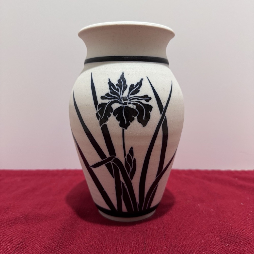 Floral Iris Studio Art Pottery Vase Hand Painted Signed